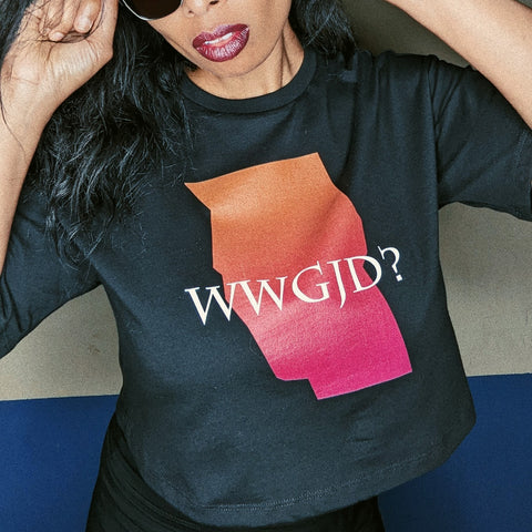 Alexandria Boddie wears a crop top that says "WWGJD?"