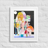 colorful abstract mushroom print in a white frame by Liz Tran and Alexandria Boddie