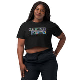 Model wearing black crop top with “Freelance Cat Lady” text in size extra large from The Iris Collection by Alexandria Boddie and Liz Tran.